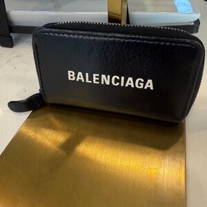 Balenciaga Black Leather Zip Card Holder and Coin Wallet